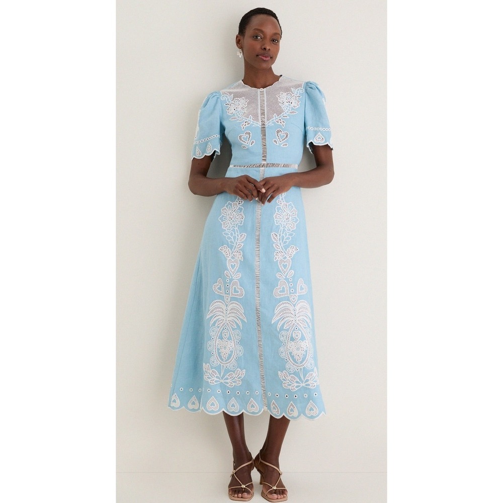 Farm Rio Midi Dress Women Medium Blue Embroidered Linen Open Back Scallop Boho - Picture 1 of 12